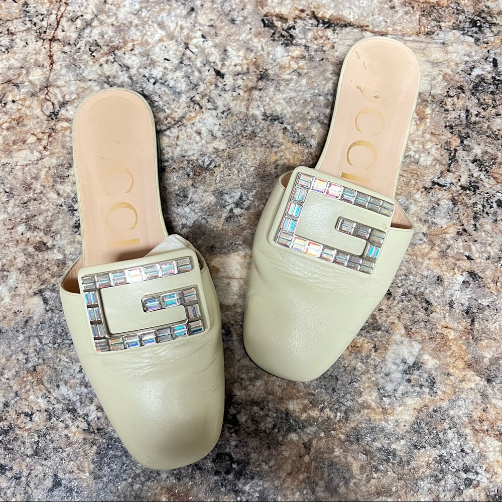 Authentic Gucci Neutrals Leather Crystal G Embellishments Mules